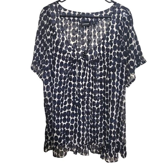 Avenue Sheer Black & White Circle Ruffle Flutter Sleeve Blouse, Plus Size 26/28 - Picture 1 of 8